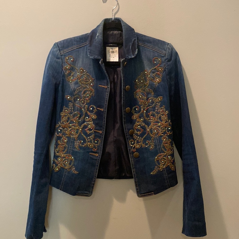 Versace Jeans Couture Dark Denim Distressed Rhinestone and Beaded Jacket.